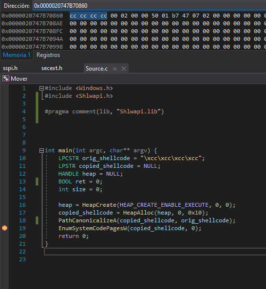 Shellcode copied to RWX buffer using PathCanonicalizeA
