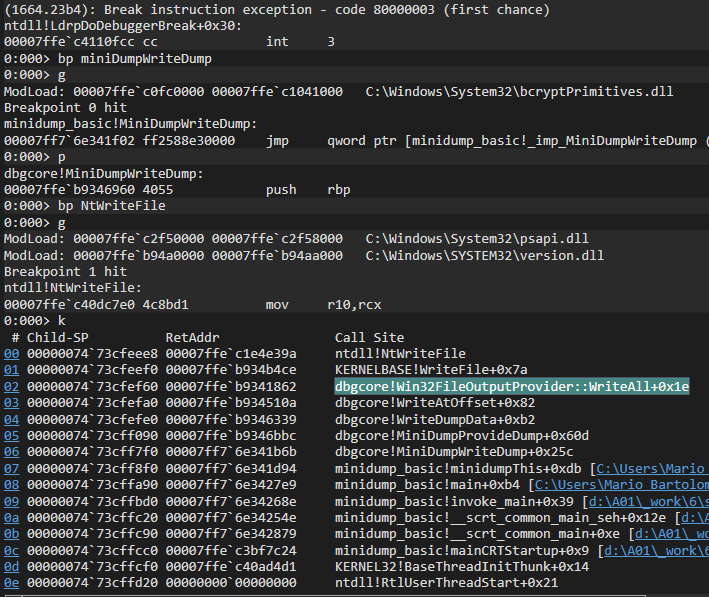 WinDbg backtrace from NtWriteFile at MiniDumpWritedump
