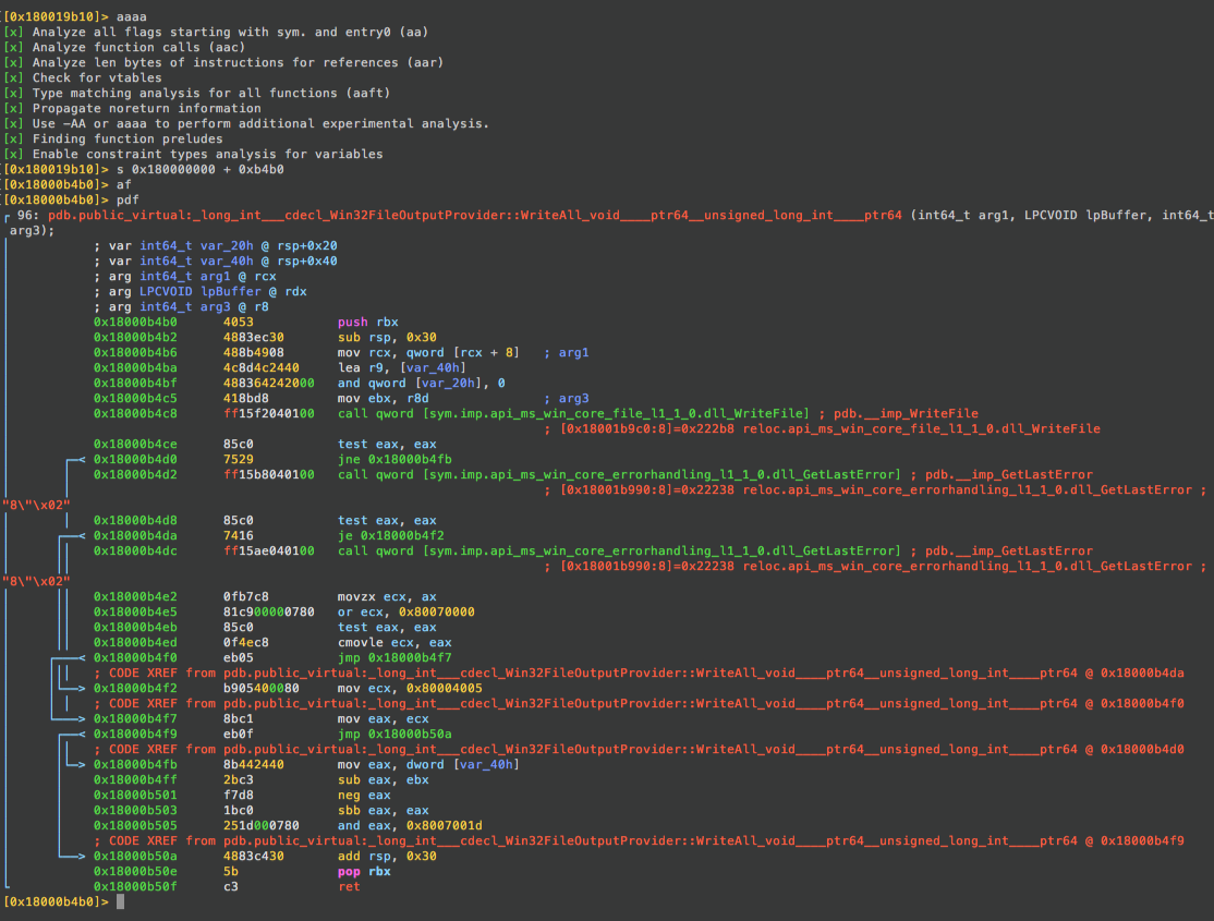 dbgcore.dll!Win32FileOutputProvider::WriteAll disass