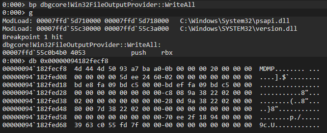 dbgcore.dll!Win32FileOutputProvider::WriteAll buffer at rdx